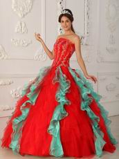 Red and Green Ruffled Skirt Appliqued Bodice Quinceanera Dress For Sale