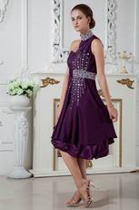 Unique Halter Colored Crystals Grape Short Evening Dress