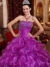 Strapless Magenta Organza Ruffled Skirt Quinceanera Dress