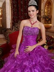 Strapless Magenta Organza Ruffled Skirt Quinceanera Dress