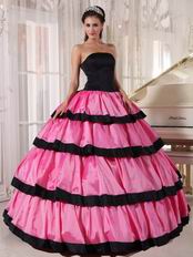 Rose Pink Layers Skirt With Black Bordure Quinceanera Dresses Gowns