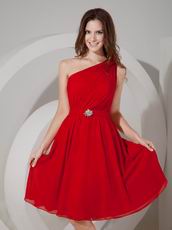 One Shoulder Wine Red Chiffon Bridesmaid Dress 2014