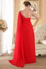 One Shoulder Watteau Train Red Prom Dress With Beading