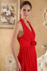 Halter Floor Length Red Chiffon Prom Dress With Handmade Flowers