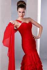 Amazing One Shoulder Cascade Skirt Red Evening Chiffon Dress