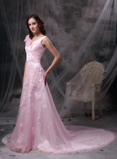 Baby Pink Princess V-neck Prom Dress With Applique Emberllish Inexpensive