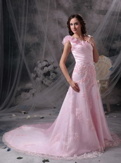 Baby Pink Princess V-neck Prom Dress With Applique Emberllish Inexpensive