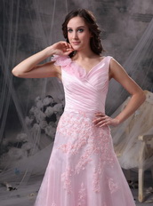 Baby Pink Princess V-neck Prom Dress With Applique Emberllish Inexpensive