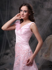 Baby Pink Princess V-neck Prom Dress With Applique Emberllish Inexpensive