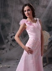 Baby Pink Princess V-neck Prom Dress With Applique Emberllish Inexpensive