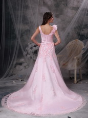 Baby Pink Princess V-neck Prom Dress With Applique Emberllish Inexpensive