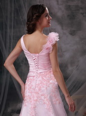 Baby Pink Princess V-neck Prom Dress With Applique Emberllish Inexpensive