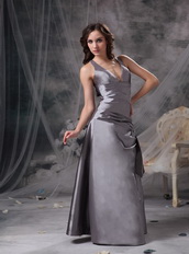 V-neck Floor-length Sliver Taffeta Long Prom Dress 2014 Inexpensive