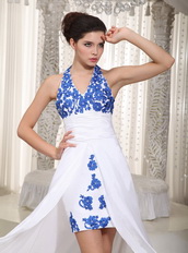 Simple Halter White Dress With Royal Blue Appliques Prom Dress Hi-Lo Inexpensive