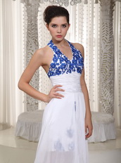 Simple Halter White Dress With Royal Blue Appliques Prom Dress Hi-Lo Inexpensive