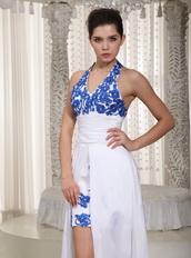 Simple Halter White Dress With Royal Blue Appliques Prom Dress Hi-Lo Inexpensive