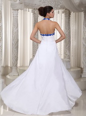 Simple Halter White Dress With Royal Blue Appliques Prom Dress Hi-Lo Inexpensive