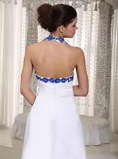 Simple Halter White Dress With Royal Blue Appliques Prom Dress Hi-Lo Inexpensive