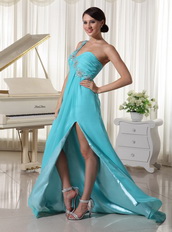 Beaded One Shoulder Turqupise Blue Side Split Dress For Prom Wear Inexpensive