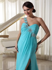 Beaded One Shoulder Turqupise Blue Side Split Dress For Prom Wear Inexpensive