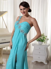 Beaded One Shoulder Turqupise Blue Side Split Dress For Prom Wear Inexpensive