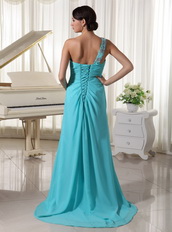 Beaded One Shoulder Turqupise Blue Side Split Dress For Prom Wear Inexpensive