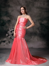 Watermelon Red Taffeta Mermaid Strapless Prom Dress Lady Inexpensive