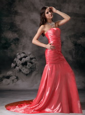 Watermelon Red Taffeta Mermaid Strapless Prom Dress Lady Inexpensive