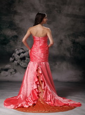 Watermelon Red Taffeta Mermaid Strapless Prom Dress Lady Inexpensive