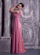 Rose Pink One Shoulder Prom Dress Chiffon And Lace Fabric Inexpensive