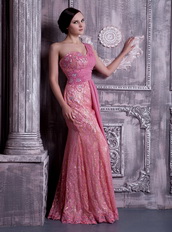 Rose Pink One Shoulder Prom Dress Chiffon And Lace Fabric Inexpensive