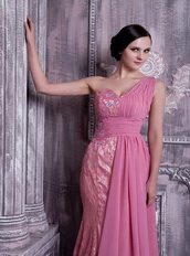 Rose Pink One Shoulder Prom Dress Chiffon And Lace Fabric Inexpensive