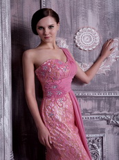 Rose Pink One Shoulder Prom Dress Chiffon And Lace Fabric Inexpensive