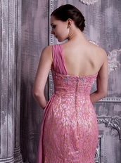 Rose Pink One Shoulder Prom Dress Chiffon And Lace Fabric Inexpensive