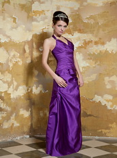 V-neck Floor-length Skirt Purple Taffeta Prom Dress Halter Top Inexpensive