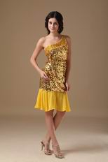 Column One Shoulder Golden Flaring Sequin Short Prom Dress