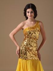 Column One Shoulder Golden Flaring Sequin Short Prom Dress