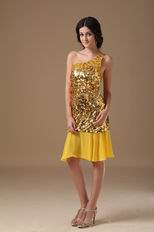 Column One Shoulder Golden Flaring Sequin Short Prom Dress