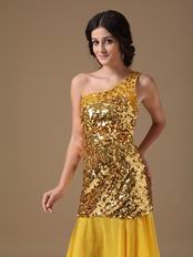 Column One Shoulder Golden Flaring Sequin Short Prom Dress