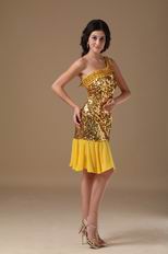 Column One Shoulder Golden Flaring Sequin Short Prom Dress