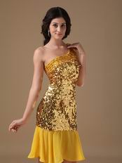 Column One Shoulder Golden Flaring Sequin Short Prom Dress