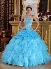 Aqua Blue Ruffles One Shoulder Gradient Fading Color Quinceanera Dress