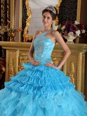 Aqua Blue Ruffles One Shoulder Gradient Fading Color Quinceanera Dress