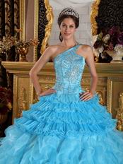 Aqua Blue Ruffles One Shoulder Gradient Fading Color Quinceanera Dress