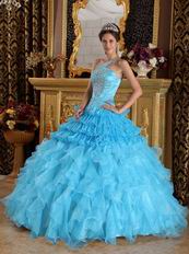 Aqua Blue Ruffles One Shoulder Gradient Fading Color Quinceanera Dress