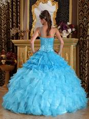 Aqua Blue Ruffles One Shoulder Gradient Fading Color Quinceanera Dress