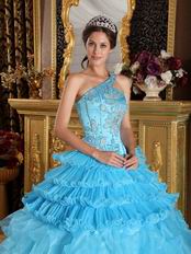 Aqua Blue Ruffles One Shoulder Gradient Fading Color Quinceanera Dress