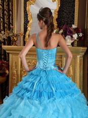 Aqua Blue Ruffles One Shoulder Gradient Fading Color Quinceanera Dress