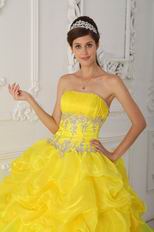 Ruched Appliqued Bodice Canary Yellow Layers Skirt With Blue Quinceanera Dress