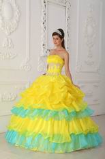 Ruched Appliqued Bodice Canary Yellow Layers Skirt With Blue Quinceanera Dress